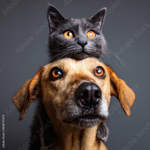 A close-up of a brown dog with a black and gray cat sitting on its head. .