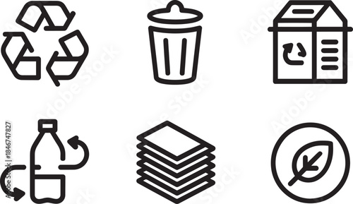 Set of recycling and eco-friendly outline icons with leaf, bottle, paper, and trash can