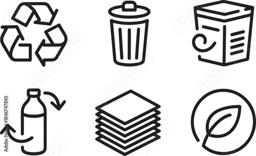 Set of recycling and eco-friendly outline icons with leaf, bottle, paper, and trash