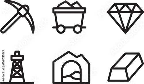 Mining industry equipment and natural resources simple line icons transparent background