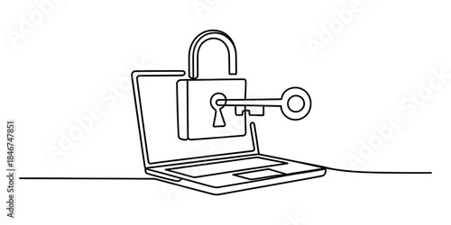 Continuous line drawing of a laptop with a padlock and key representing digital security Vector, illustration