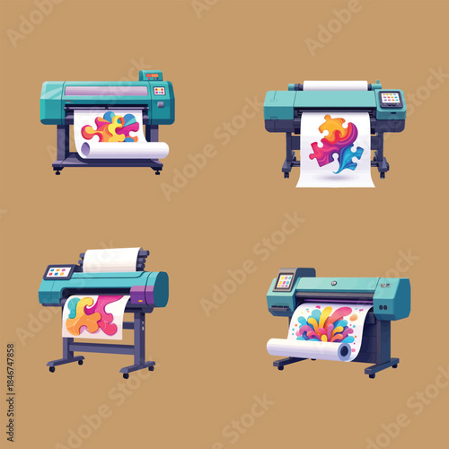 Modern wide format printer with vibrant abstract artwork output for commercial print shop concept
