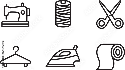 Sewing machine thread scissors hanger iron paper roll icons on transparent background