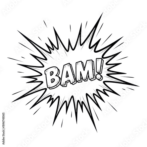 Dynamic black line art starburst explosion panel with 'BAM!' text, hand-drawn comic doodle style, isolated on transparent background emphasizing negative space. Concept for pop art graphics