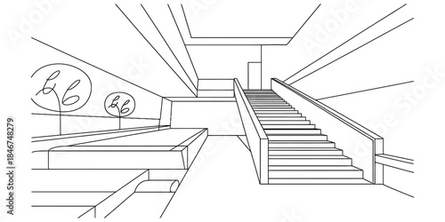 Architectural sketch of a modern interior staircase and public space layout Vector, illustration
