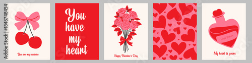 Valentine’s day romantic greeting card set with hearts, roses, cherries and love potion. 