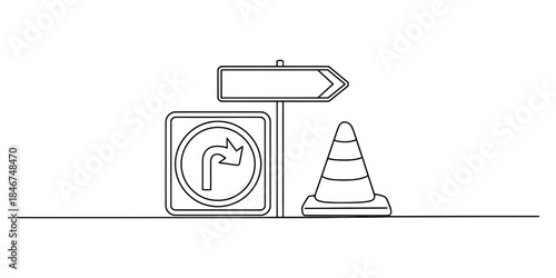 Continuous line drawing of traffic signs including right turn sign and road cone Vector, illustration