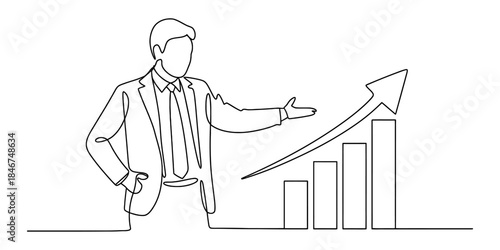 Continuous line drawing of a businessman presenting an upward trending graph Vector, illustration