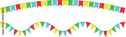Colorful festive pennant banners in vibrant red, green, yellow, and blue for celebration decoration