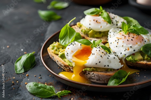 Avocado toast topped with poached eggs and fresh basil leaves on a dark plate.