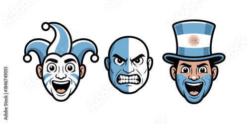 Cartoon illustrations of three different emotions for an argentine sports fan mascot in light blue and white Vector, illustration