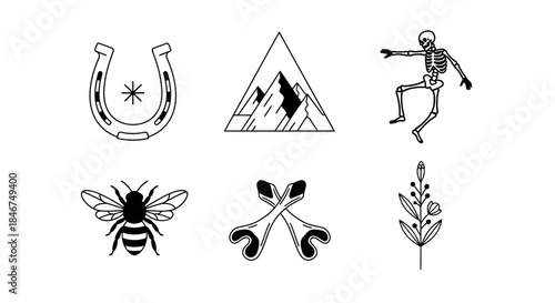 Mystical Tattoo Flash Sheet: A Collection of Symbolic Minimalist Black and White Sketches