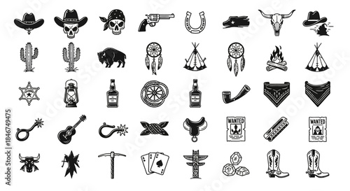 Diverse collection of vintage wild west icons, a variety of western symbols illustration
