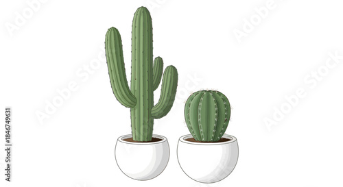 Elegant cactus duo in minimal style render showcasing botanical harmony with sleek white pots