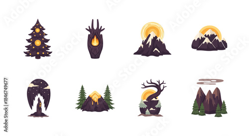 Whimsical nature themed illustrations set featuring trees mountains and a fire stand