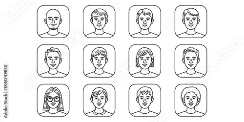 Collection of minimalist line art icons representing diverse human faces and hairstyles Vector, illustration