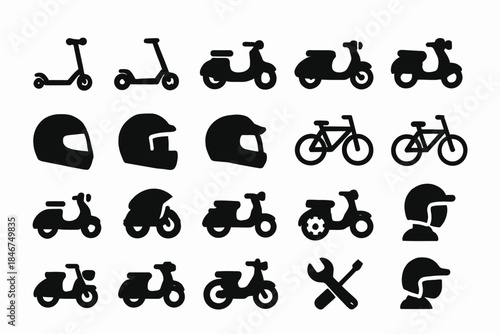 Silhouette icons of scooters, helmets, bicycles, and tools