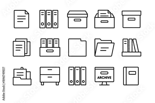 Minimalist line art icons of office files and storage solutions