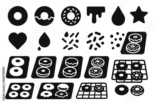 Donut icon set with toppings and shapes in black and white