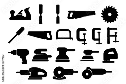 Collection of various hand and power tools in black silhouette design