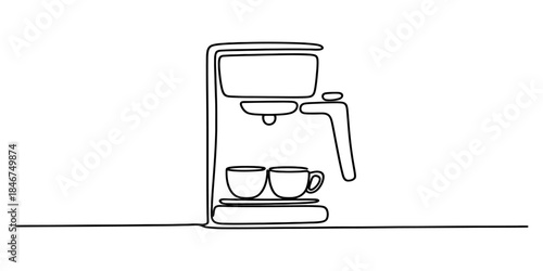 Simple continuous line drawing illustration of a coffee maker machine with two cups Vector, illustration