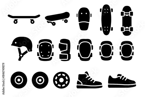 Skateboard and safety gear silhouettes: helmet, pads, wheels, shoes