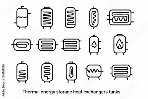 Thermal energy storage heat exchanger tanks set with icon designs