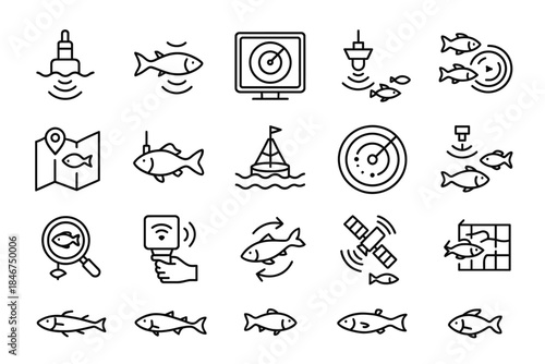 Fish finder icons collection: sonar, gps, and satellite navigation technology