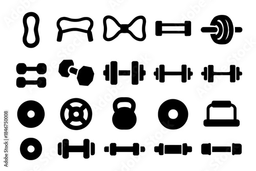 Various gym equipment icons: dumbbells, barbells, kettlebell, plates, weight bench