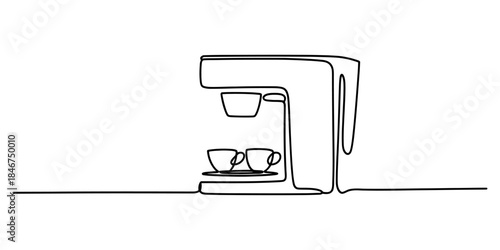 Continuous line drawing of a modern coffee maker and two small cups on a tray Vector, illustration