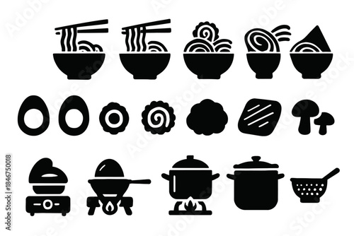 Assorted ramen ingredients and kitchen utensil icons in silhouette