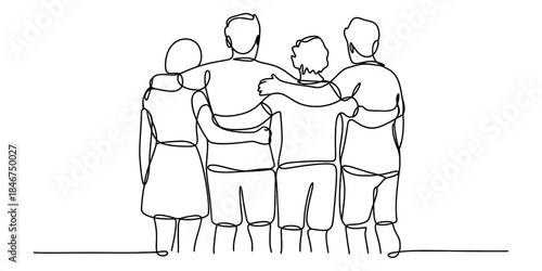 Continuous line drawing of four friends standing together with arms around each other Vector, illustration