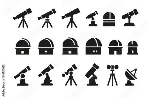 Collection of telescope and observatory silhouettes for astronomy enthusiasts