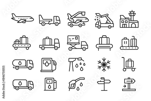 Air travel icons featuring airplanes, luggage, fuel trucks, and airport infrastructure