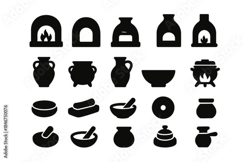 Silhouettes of various cooking utensils and kitchenware icons in black and white