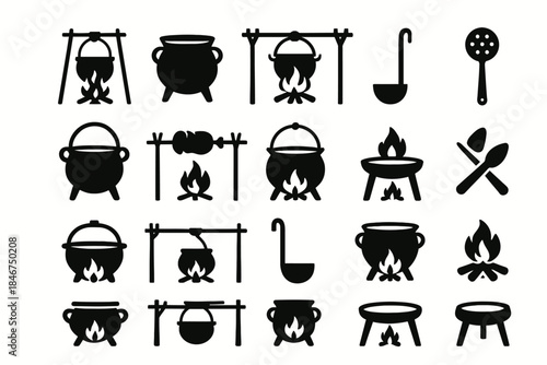 Black and white icons of outdoor cooking pots and campfires