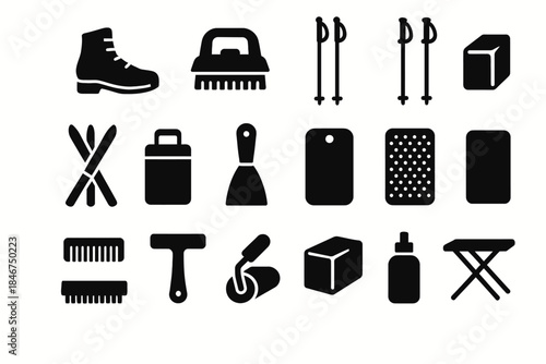 Collection of black silhouette icons: winter sports, tools, and cleaning supplies