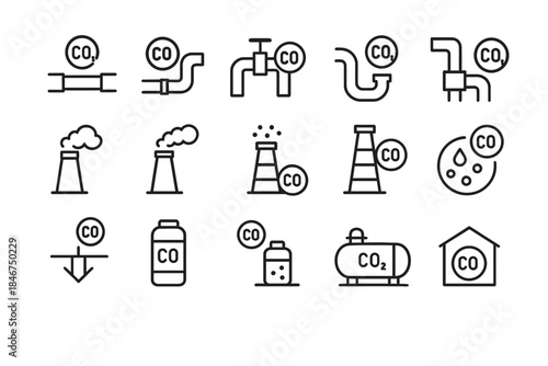 Carbon monoxide emission icons set: industry and home safety symbols