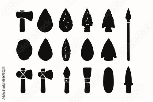 Silhouette collection of primitive stone and spear tools