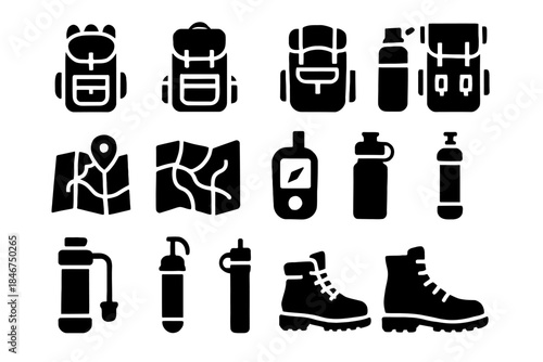Camping gear icons set: backpacks, maps, boots, and outdoor essentials