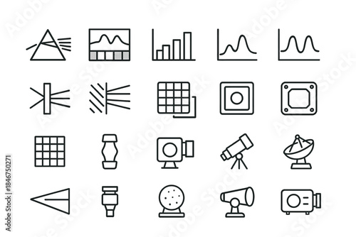 Collection of science and technology icons with graphs, telescopes, and probes