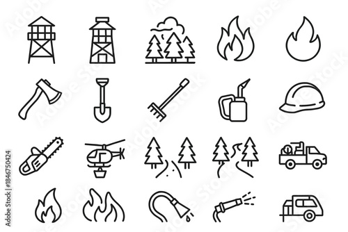 Wildland firefighting icons: tower, tools, helicopter, trees, flames, truck