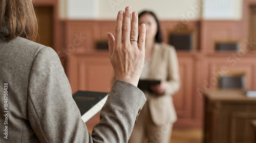 Professional woman raising hand to take an oath in courtroom during formal legal proceedings with blurred figure in background