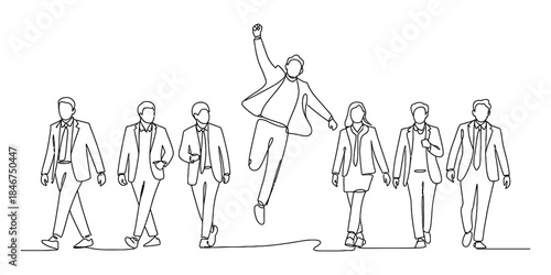 Continuous line art drawing of a business team moving forward with one person jumping in celebration Vector, illustration