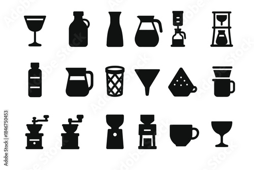 Silhouettes of various coffee equipment icons in black and white