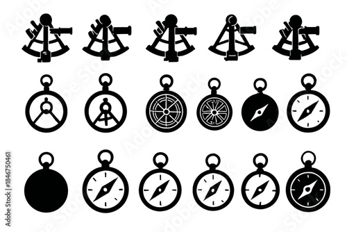 Collection of navigational instrument silhouettes with compasses and sextants