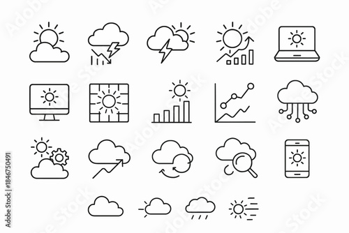 Weather icons: sun, cloud, storm, rain, temperature symbols and charts