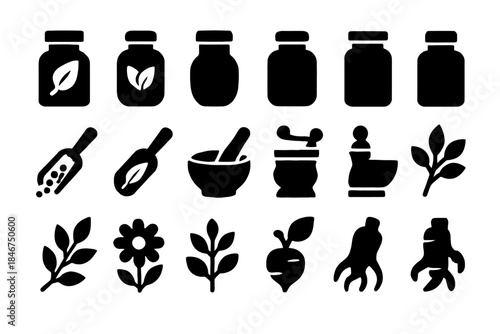 Herbal medicine icons: jars, mortars, leaves, roots, silhouettes