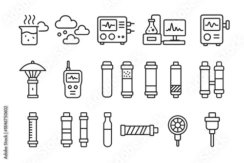 Science equipment icons: beaker, monitor, test tube, filtration, analyzer