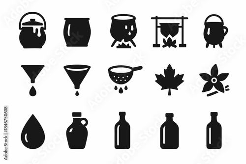 Maple syrup icons: kettle, cauldron, filter, maple leaf, bottle silhouettes